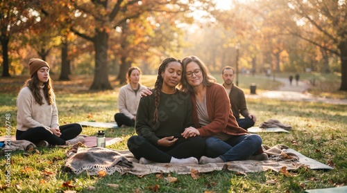  Grupo de pessoas meditando na grama do parque, destacando a atmosfera de tranquilidade e apoio mútuo sob a luz dourada e suave da manhã.