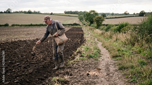 Elderly farmer sowing seeds by hand in a ploughed field with a small bird nearby