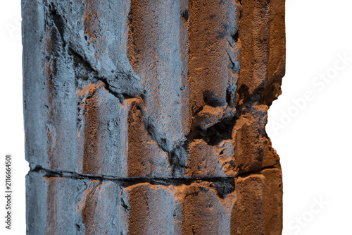 Close-up of a weathered ancient stone column showing cracks, erosion, and detailed architectural texture isolated on a white background.