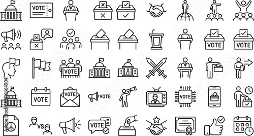Voting and Democracy Flat Vector Icon Collection Featuring Election Symbols, Ballot Box, Government, Campaign, Civic Rights and Public Participation Elements