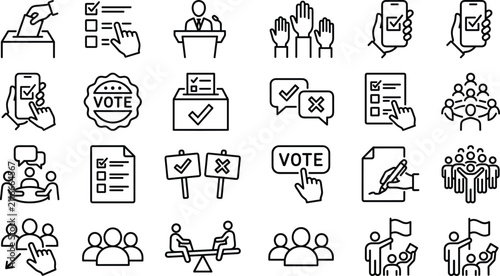 Voting and Democracy Flat Vector Icon Collection Featuring Ballot Box, Election Campaign, Government, Polling Station, Civic Rights and Public Participation Symbols