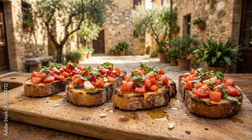 A beautifully detailed photorealistic stock photograph capturing an authentic delicious classic bruschetta appetizer with diced tomatoes and basil on a rustic wooden board.