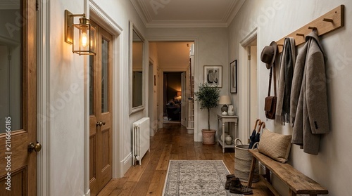 Cozy Home Hallway with Wooden Furniture, Coats, and Plants