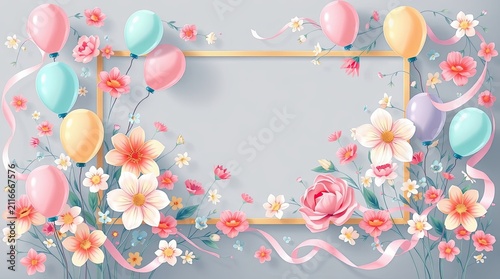 Rectangular festive birthday frame decorated with romantic balloons in bright pastel colors. Greeting card template, party invitation, social media design, and printable celebration material.
