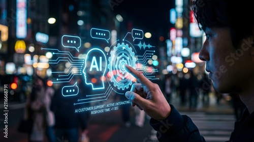 Close-up of a hand touching a futuristic holographic AI security interface with fingerprint scanner and gear icon against a nighttime city skyline background, representing cybersecurity