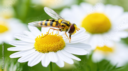 Bee Pollinating a White Daisy Flower