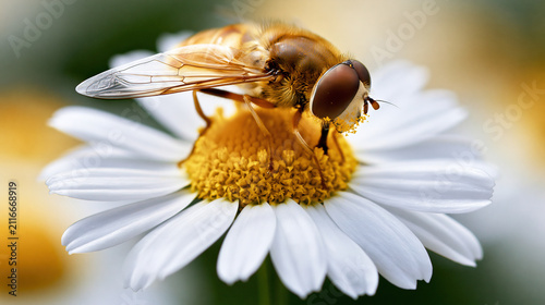 Bee Collecting Pollen on a White Daisy Flower