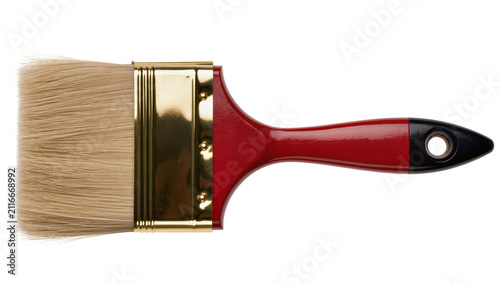 Obraz na plátně Isolated professional new paintbrush with red handle and shiny gold ferrule for