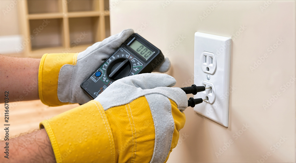 Obraz premium Electrician testing wall outlet with multimeter. Close up of hands in yellow gloves checking voltage. Electrical safety and maintenance concept