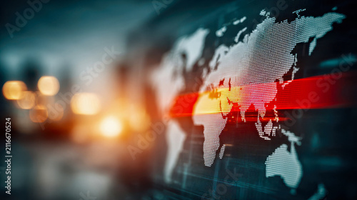 World map with digital elements and glowing lines showing regions and connections at night