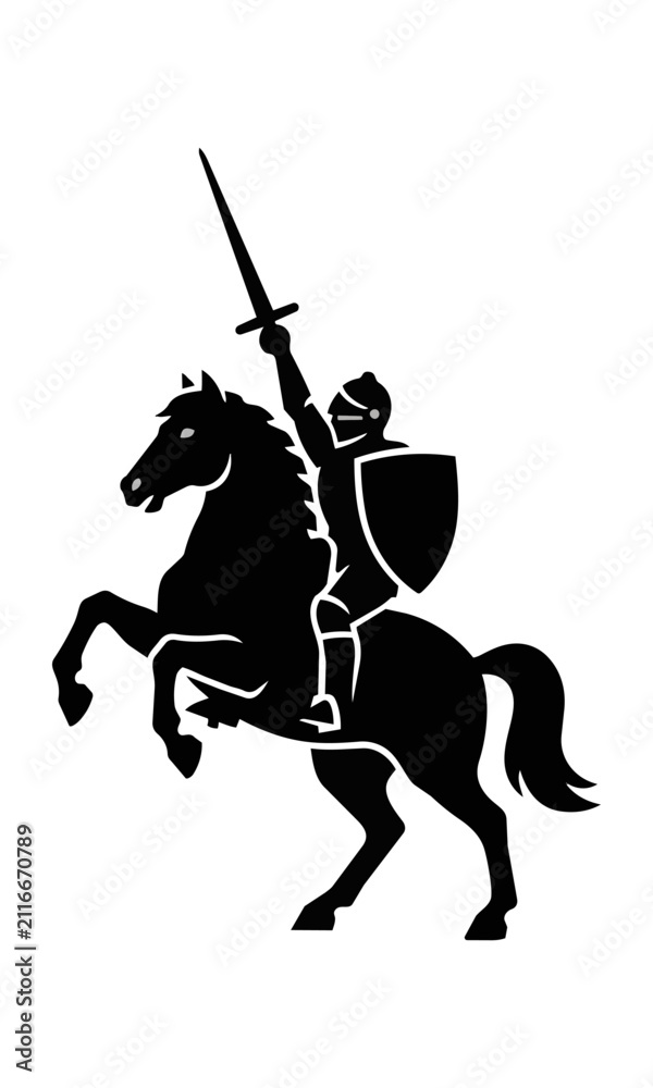 Fototapeta premium Black silhouette of a medieval knight on a rearing horse holding a lance isolated on a white background heroic warrior concept