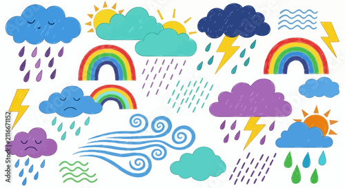 Bild auf Leinwand Hand-drawn weather icon collection with sun, clouds, rain, and rainbows for crea