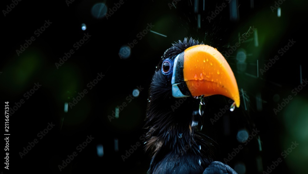 Obraz premium Close-up view of a toucan bird featuring a bright orange beak and dark feathers, with water droplets visible on its plumage, set against a blurred, lush green background