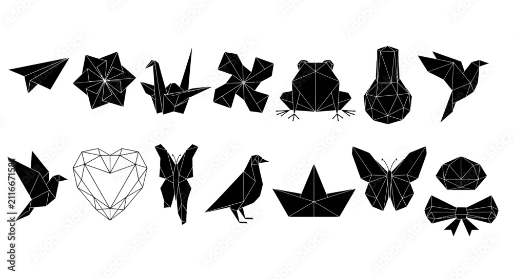 Obraz premium Geometric black origami icon set featuring various animal and object silhouettes in minimalist low poly paper art style for modern design