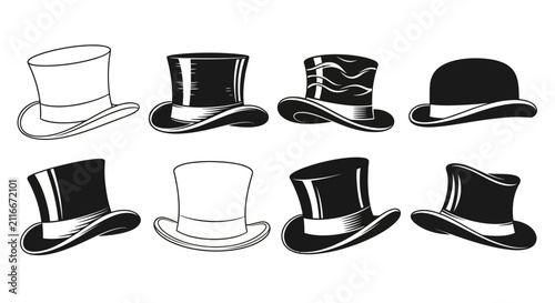 Obraz na płótnie Collection of classic vintage top hats and bowler hats for formal attire illustr