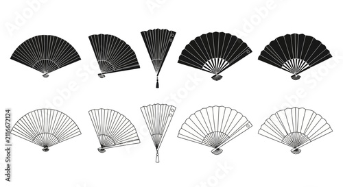 A comprehensive set of traditional Japanese folding hand fans, presented in various open and closed positions, ideal for cultural design concepts and Asian-themed projects