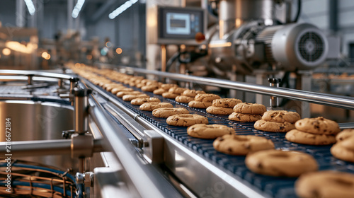 Freshly baked chocolate chip cookies moving along an industrial conveyor belt in a modern food processing factory. Ideal for manufacturing and food supply concepts.