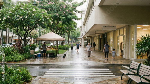 Rain-After Tropical Walkable District With Covered Sidewalk Routes