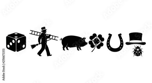 Foto Black and White Silhouettes of Traditional Good Luck Symbols and Charms Set Incl