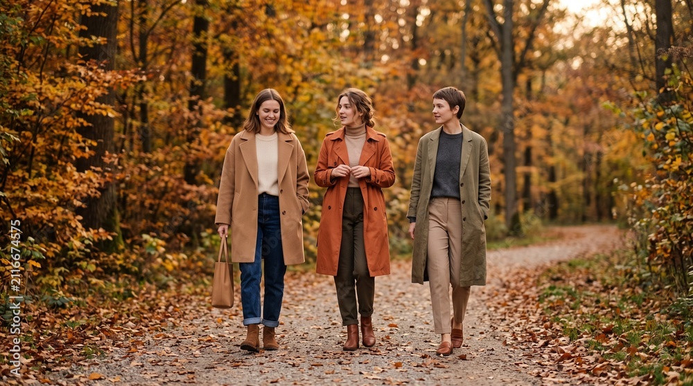 Fototapeta premium Three women walking on a path in an autumn forest with colorful leaves