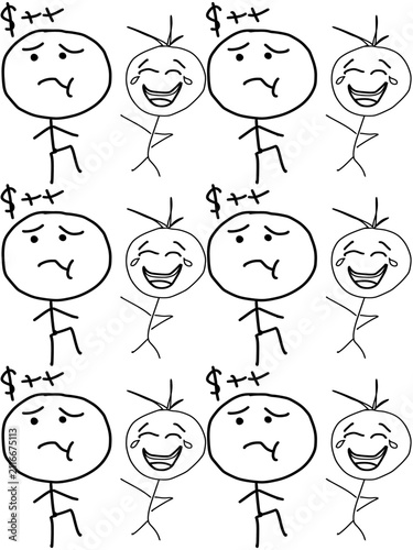 Stick figures depicting financial distress and emotional struggle are repeated in this hand-drawn illustration illustrating economic hardship and inequality.