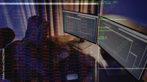Cybersecurity specialist working at a multi-monitor workstation with programming code on screen. Concept of network protection, threat detection, security operations, encryption. 