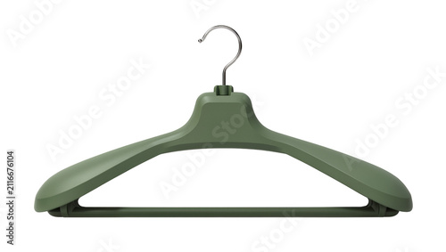 Isolated sturdy sage green plastic clothes hanger with a sleek metal hook for wardrobe organization