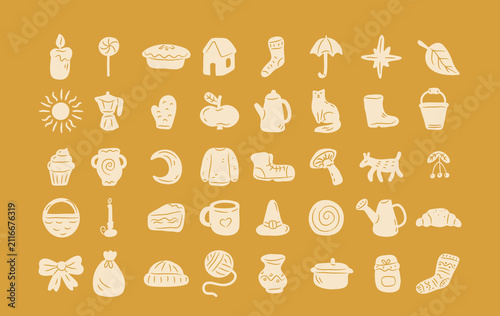 Autumn Icons Folk Silhouettes Set Hand Drawn