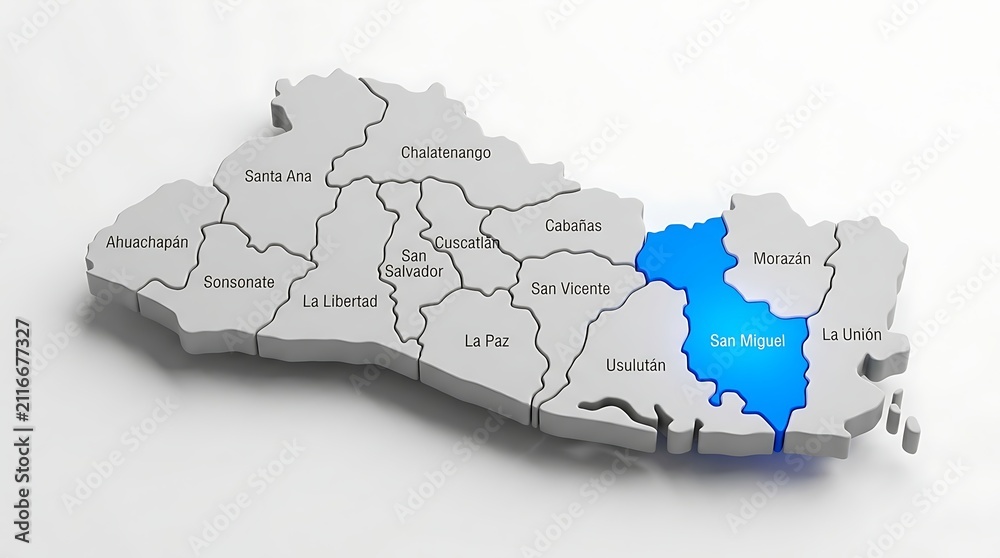 Fototapeta premium Three dimensional map highlighting san miguel department within el salvador political geographic division layout