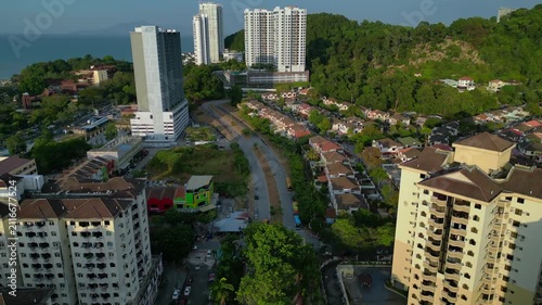 Penang city with residential buildings and street. Magic aerial view drone