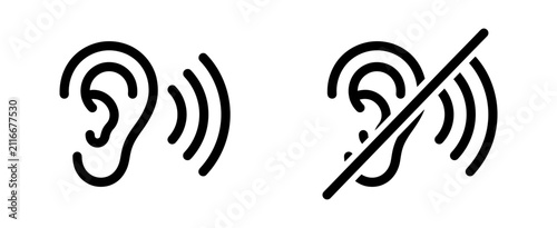Black and white line art icons depicting hearing and listening versus deafness or muted audio settings for digital interfaces