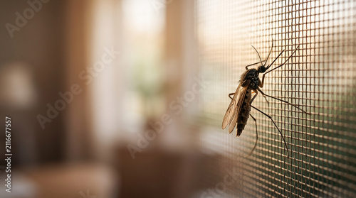 Mosquito sitting on a window screen mesh. Close up of an insect trying to enter a house. Barrier protection against pest and insect infestation.