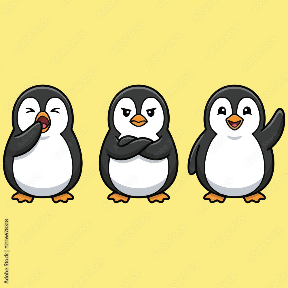 Fototapeta premium Cute cartoon penguin character set featuring different emotions including sleepy, grumpy and happy expressions on a yellow background