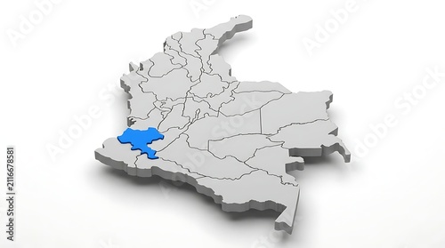 Three dimensional map illustrating highlighted departmental territory within a national border geographical layout concept with specific region highlighted