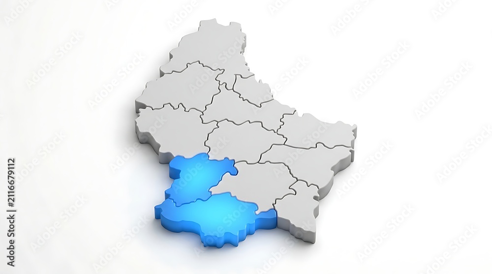 Fototapeta premium Three dimensional map of luxembourg showing selected regions highlighted in glowing bright blue light with specific districts illuminated against white background
