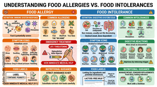 Food allergy and intolerance infographic compares symptoms and emergency treatments for common dietary reactions.