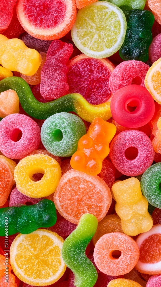 Fototapeta premium Colorful gummy candy mix with gummy bears, worms, rings and fruit slices create a fun and vibrant sweet display Generative AI