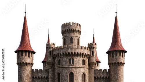 Принти на полотні Isolated fantasy castle with multiple towers and red conical roofs, majestic med