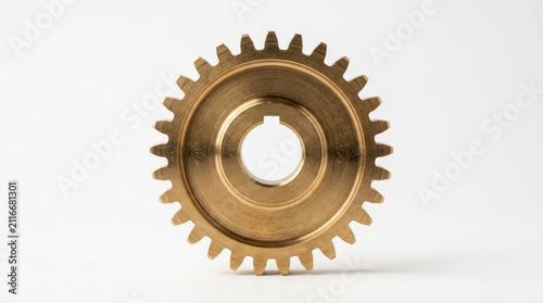 Closeup of a single brass gear with a white background.