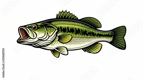 This is an of a bass fish depicted swimming with its mouth open. The shows the fish's scales and fin details clearly. It appears to be a stylized drawing rather than a .