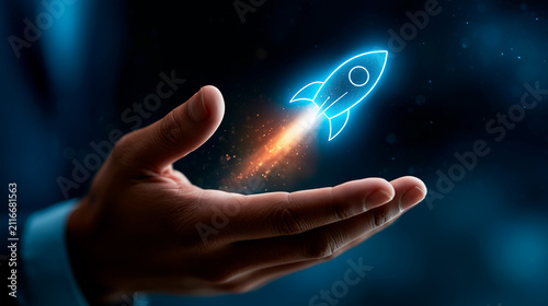 A hand launching a rocket icon represents startup acceleration and strategic business growth 