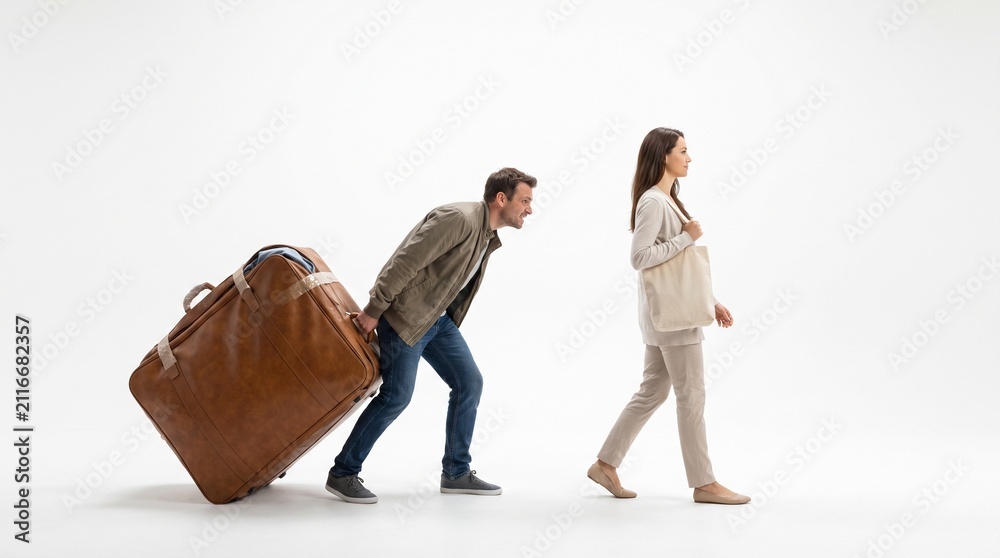 Naklejka premium A man struggles to pull a large suitcase while a woman walks ahead. The man is bent over, straining to move the heavy luggage, while the woman appears relaxed and unburdened
