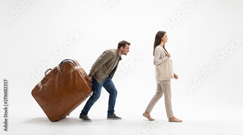 A man struggles to pull a large suitcase while a woman walks ahead. The man is bent over, straining to move the heavy luggage, while the woman appears relaxed and unburdened