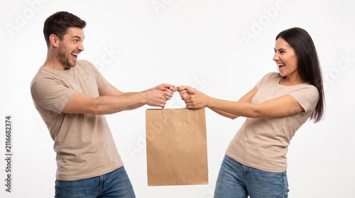 A man and woman are playfully tugging on a paper shopping bag, their faces expressing excitement and a hint of playful competition