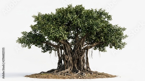 Majestic Banyan Tree with Aerial Roots on White Background.