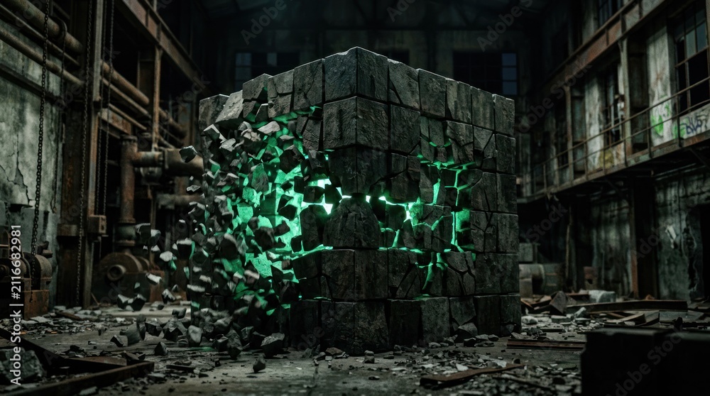 Obraz premium Mysterious Glowing Portal Opens in Abandoned Industrial Building.