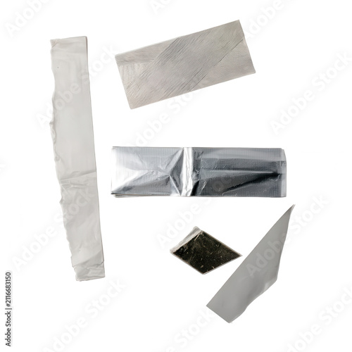 Five pieces of silver adhesive tape. Metallic duct tape strips isolated on white background.