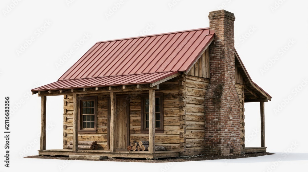 Obraz premium Rustic Log Cabin with Stone Chimney and Red Metal Roof.