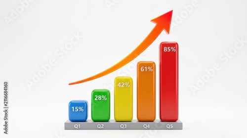 3D Bar Chart with Upward Trend Arrow Illustrating Growth.