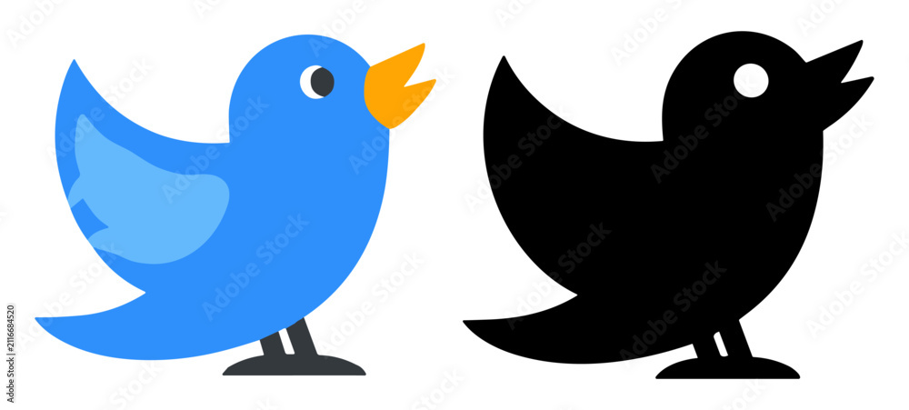 Fototapeta premium Cartoon blue bird with open beak and black silhouette side by side on transparent background